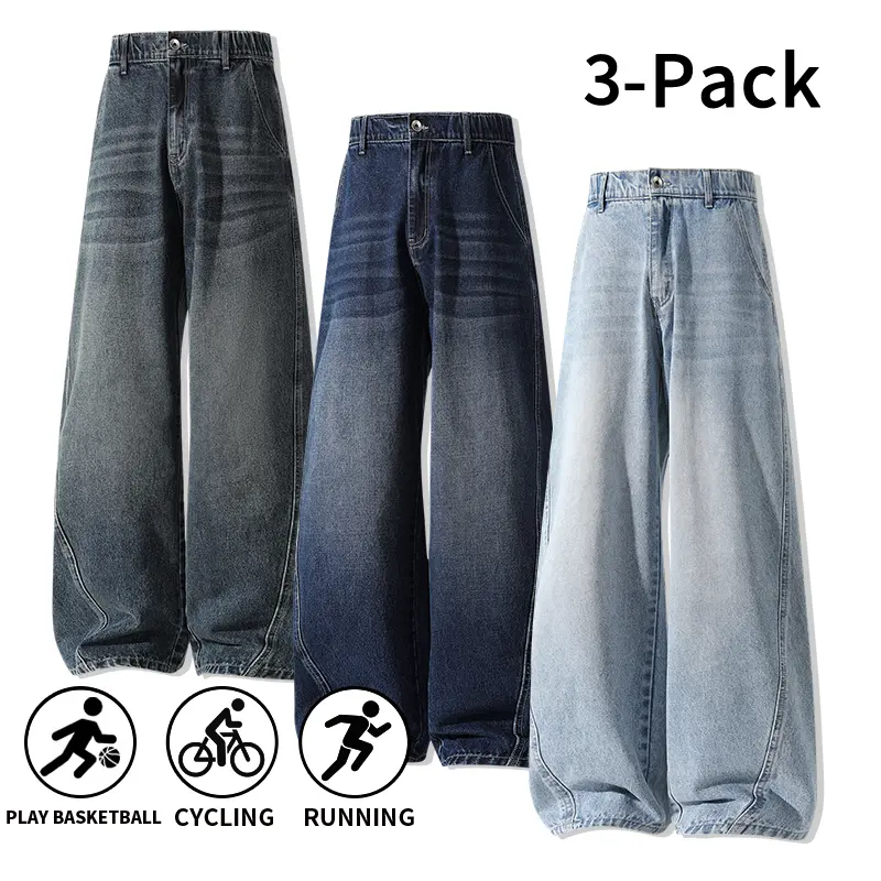 Men's Vintage Washed Baggy Denim Pants - 3-Pack, Soft Fabric, Elastic Waist with Button-Zipper Fly, Wide-Leg Loose Fit, Menswear Male Clothing Retro Streetwear Clothing for Daily Casual Wear, Baggy Jeans, Men's Pants, Stylish, Vintage Things, Retro Style,