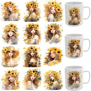 12 PCS UV DTF Cup Wrap,Sunflower Girl UV DTF Cup Wraps Waterproof Cold Transfers Stickers for DIY Water Bottle Laptop Decal Wood Car