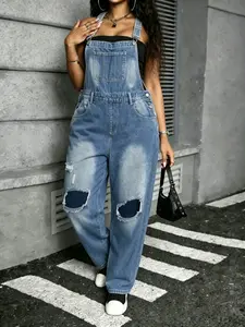 Women's Plus Size Patchwork Overalls Jeans, Loose-Fit Washed Denim Harem Pants, Sky Blue Fashion Casual Wear, All Seasons, Party & Date Ready