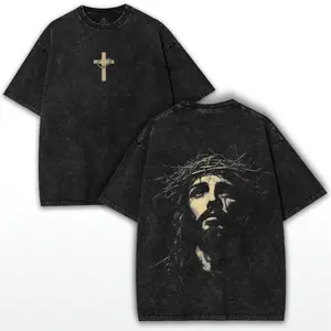Jesus Crown of Thorns Vintage Graphic Tee Washed Cotton T-Shirt Christian Streetwear Men's Breathable Crew Neck Top Christian Clothing Men