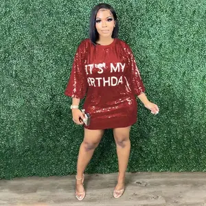 'It's My Birthday' Sequin Dress with 3/4 Sleeve Casual Crewneck Womenswear birthday Formal