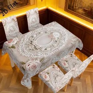 New 2D Flat Printed Tablecloth & Chair Cover Set, 5Pcs/7Pcs Rectangle Table Decor, Washable Reusable All-Season Picnic Table Cover