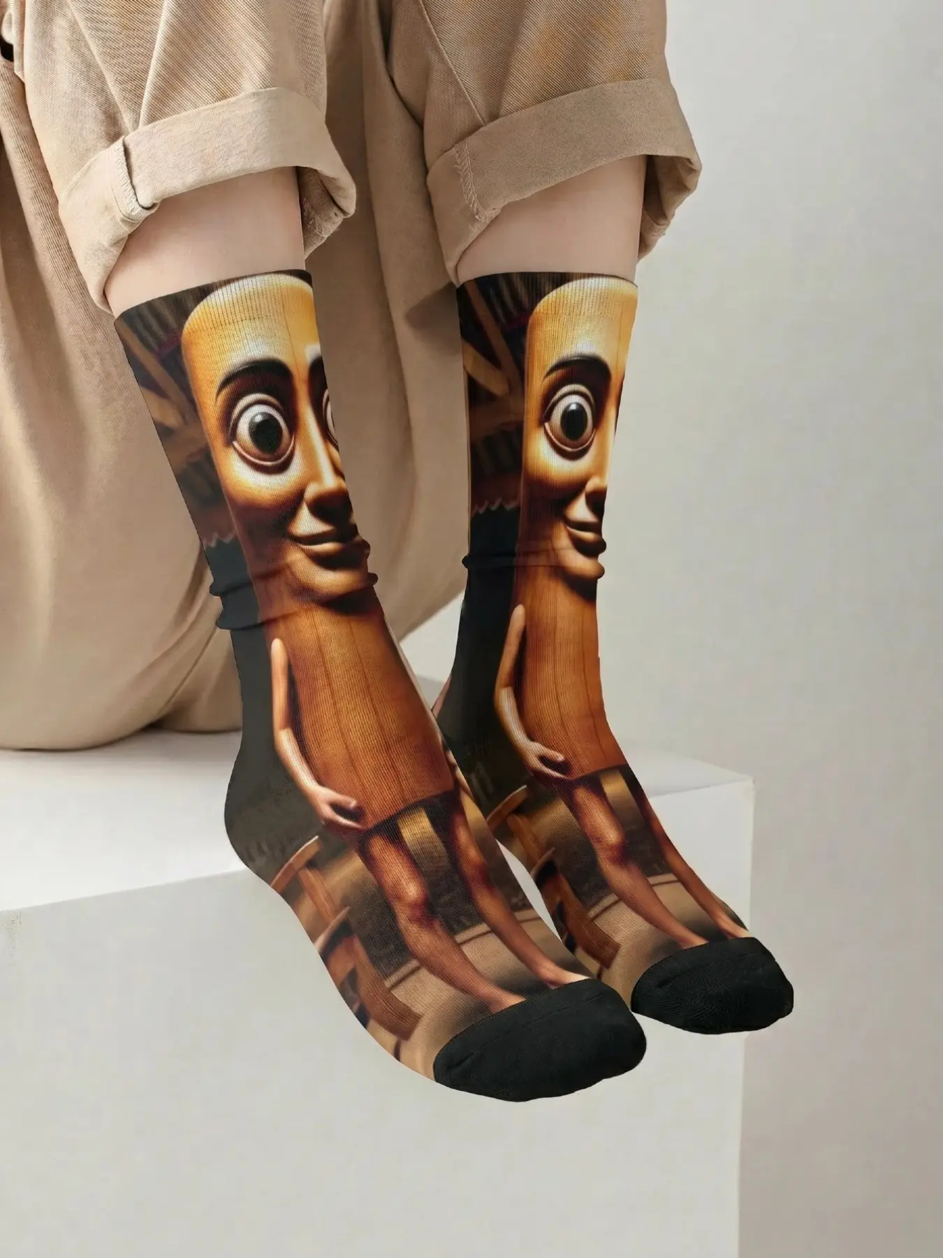 1 pair of BIIHUDU Men's Casual Italian Brainrot Pinstripe Funky Socks – Yellow “tung tung tung sahar” print socks, all-over print design