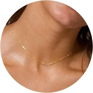 Cross Necklace for Women, Small 14K Gold Plated Cross Pendant Necklace Dainty Gold Cross Necklace Cute Cross Choker Necklace Simple Gold Charm Necklace for Women Trendy Jewelry Gifts