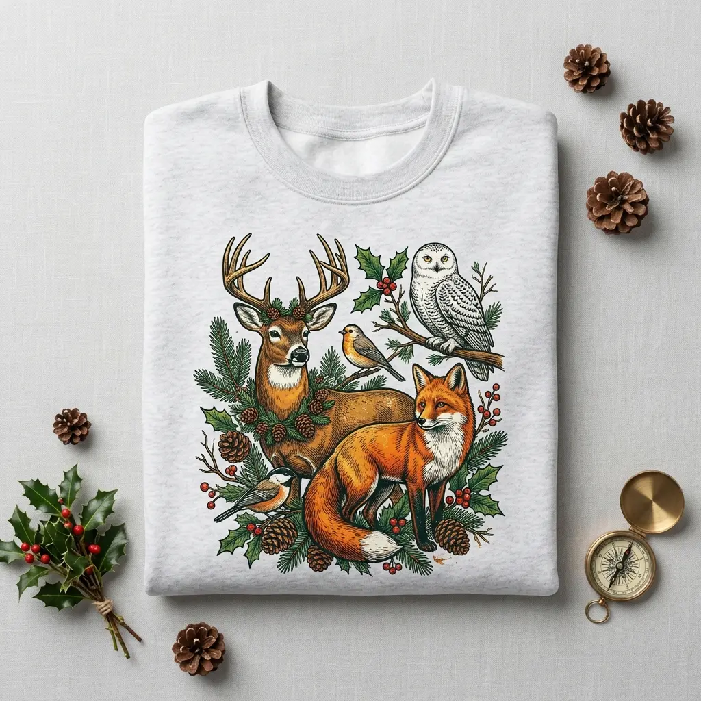Women's Christmas Woodland Animals Cotton Pullover Sweatshirt, Unisex Gildan 1800