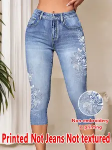 Women's Printed Tight-Fitting Pants, Non-Denim Fabric, Seven-Inch Leggings, Faux Denim Print, All-Season Wear, Comfortable and Stylish