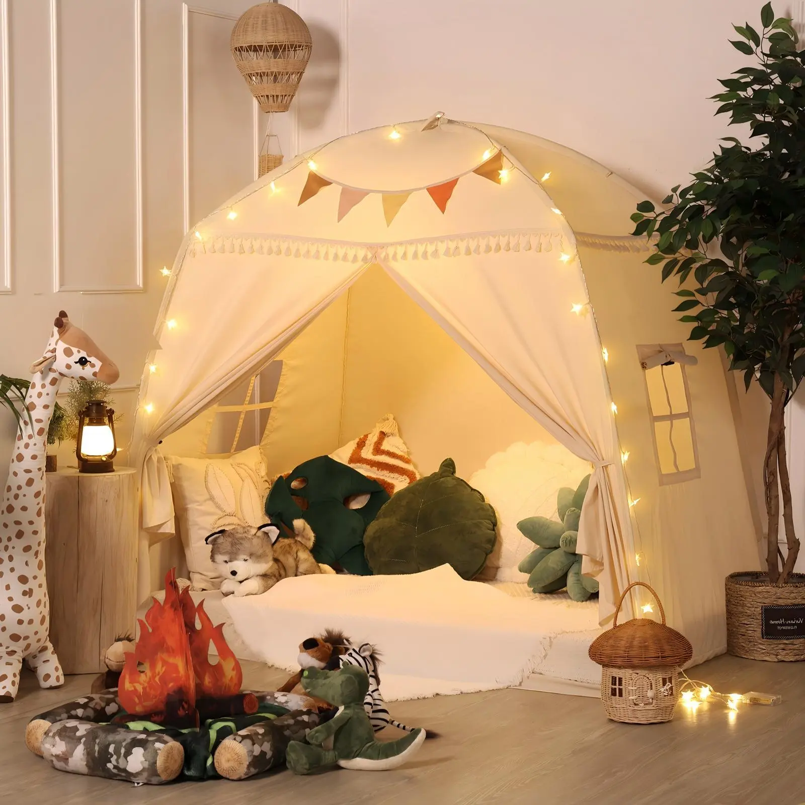 JungleDove Foldable Teepee Play House for Toddlers - Unisex Dome Tent Playhouse, Pretend Play Tent, Full & Twin Size Bed Canopy, Large Indoor Toy with Flags, Party Decoration Privacy Sleeping Solution
