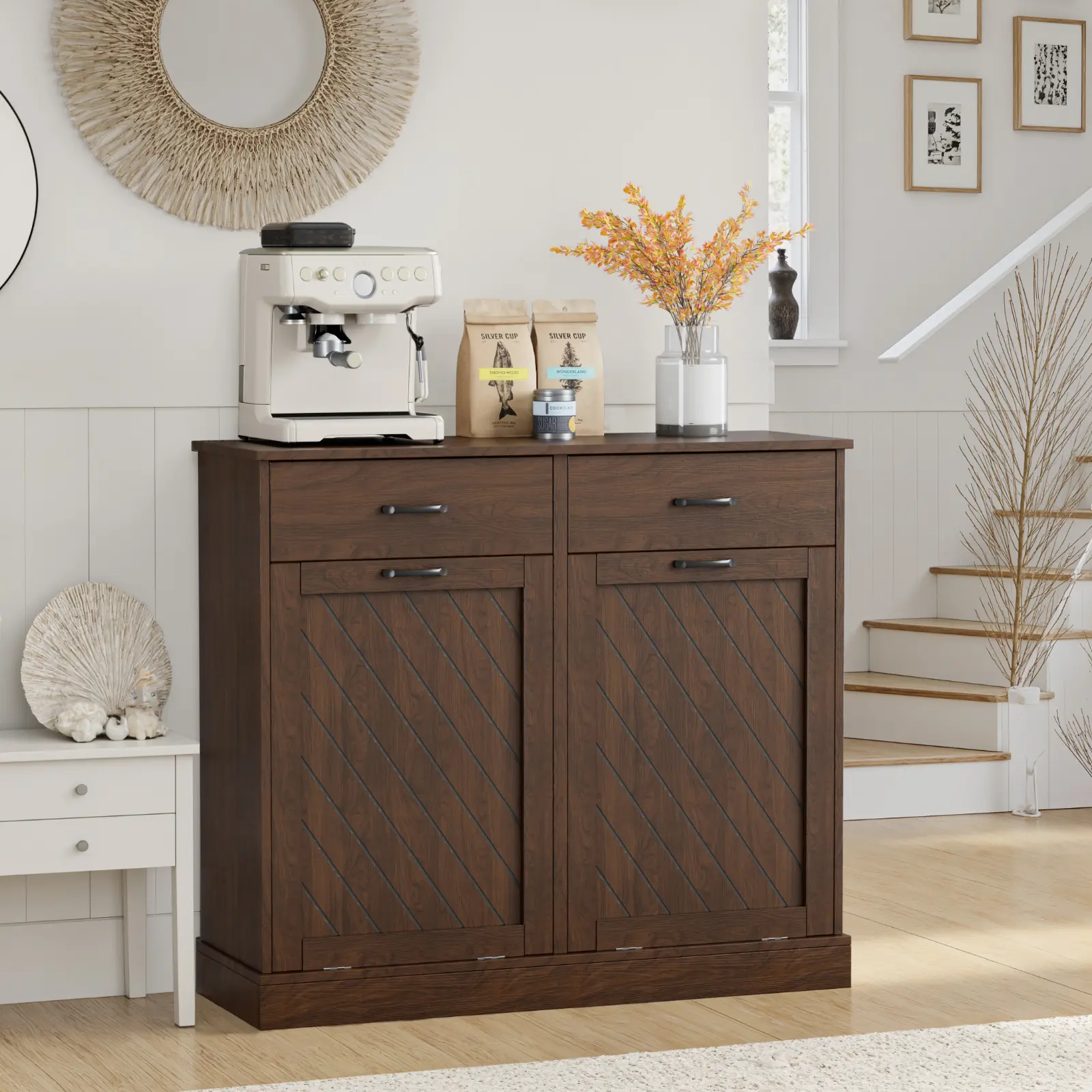 Double Tilt-Out Trash Can Cabinet, 2x13 Gallons Hidden Garbage, Hidden Kitchen Trash Cabinet with Storage Drawer, Pet-Proof Wooden Garbage & Recycling Cabinet for Kitchen, Laundry & Living Room, Brown