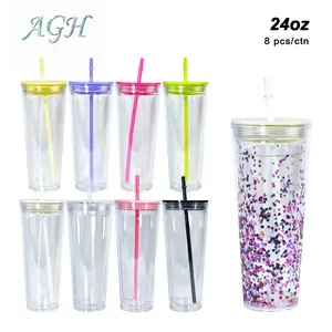 AGH 8pcs 24oz Acrylic Snow Globe Tumbler for UV Sticker/3D DIY Glitter Bling Plastic Double Wall Cups with Mixed Color Lid Drinkware Halloween Gift