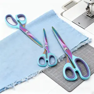 3-piece set of heavy-duty professional sewing scissors - titanium coated stainless steel sharp blades, rainbow design, ergonomic handle and right-hand threading tool - used for tailoring, repairing, fabrics, handicrafts - durable and easy to clean scissor