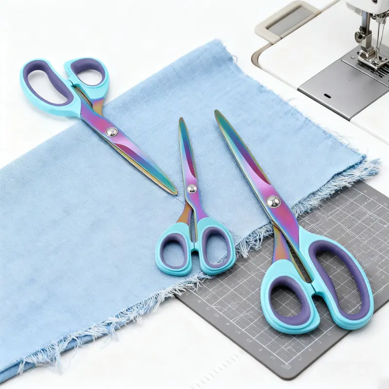 3-piece set of heavy-duty sewing scissors, Sewing tools, Sewing products, Sewing Supplies, titanium coated stainless steel blades, rainbow design, ergonomic handle and threading tool, used for tailoring, fabrics, handicrafts