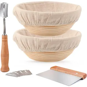 Proofing Baskets for Sourdough Bread Making, Dough Proofing Bowls Kit with Cloth Liner + Scoring Lame + Scraper for Professional &  Sourdough Bakers (Round,8.5 inch,Set of 2)