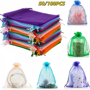 50pcs Transparent Gift Bags with Drawstring, High-Quality Organza Candy Bags, Wedding Decorations, Jewelry Packaging, Christmas Party Supplies, Gift Wrapping Supplies