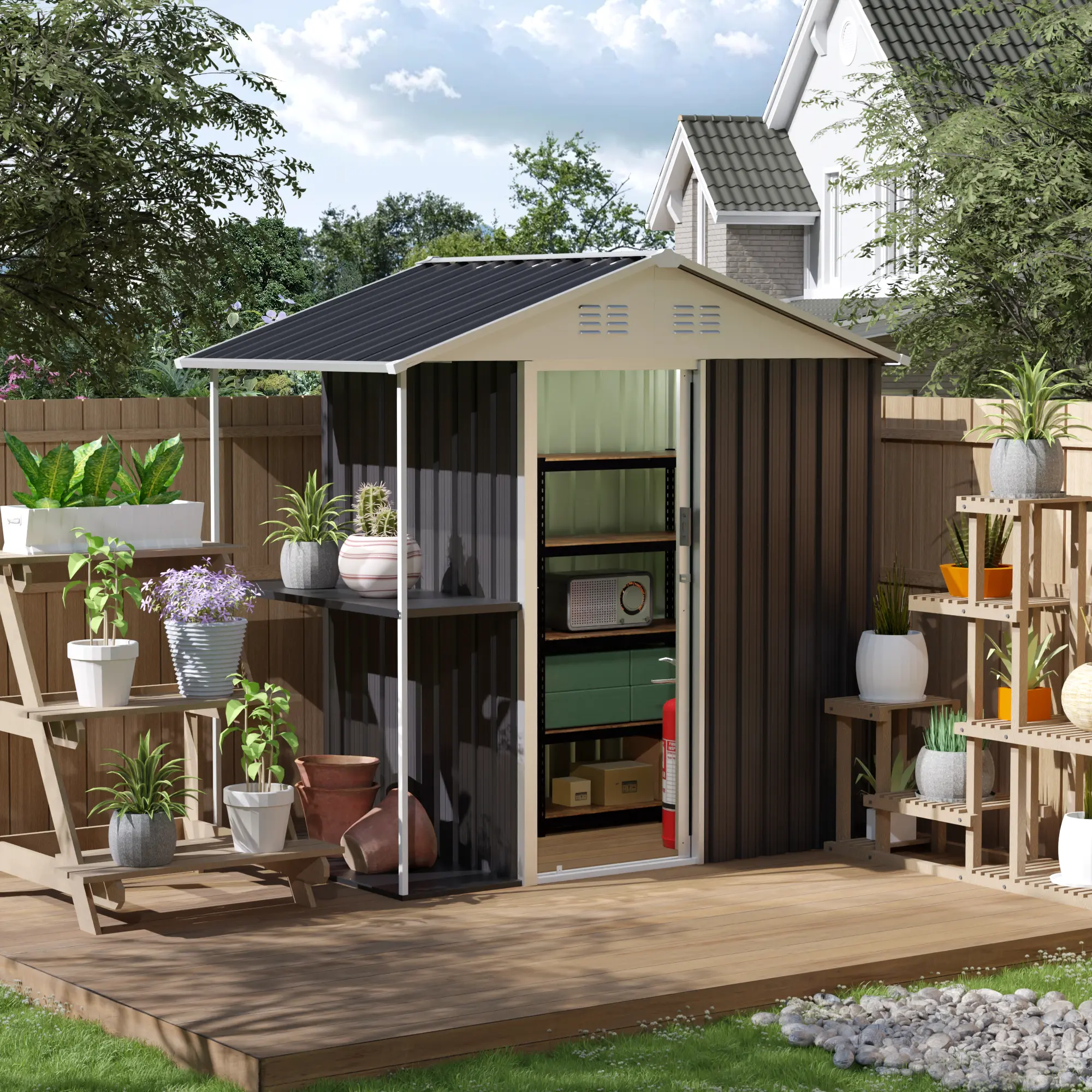 6x4 FT Outdoor Waterproof Metal Shed with Side Storage Rack & Organizer, Ideal for Garden, Backyard Bike & Tool Stowing