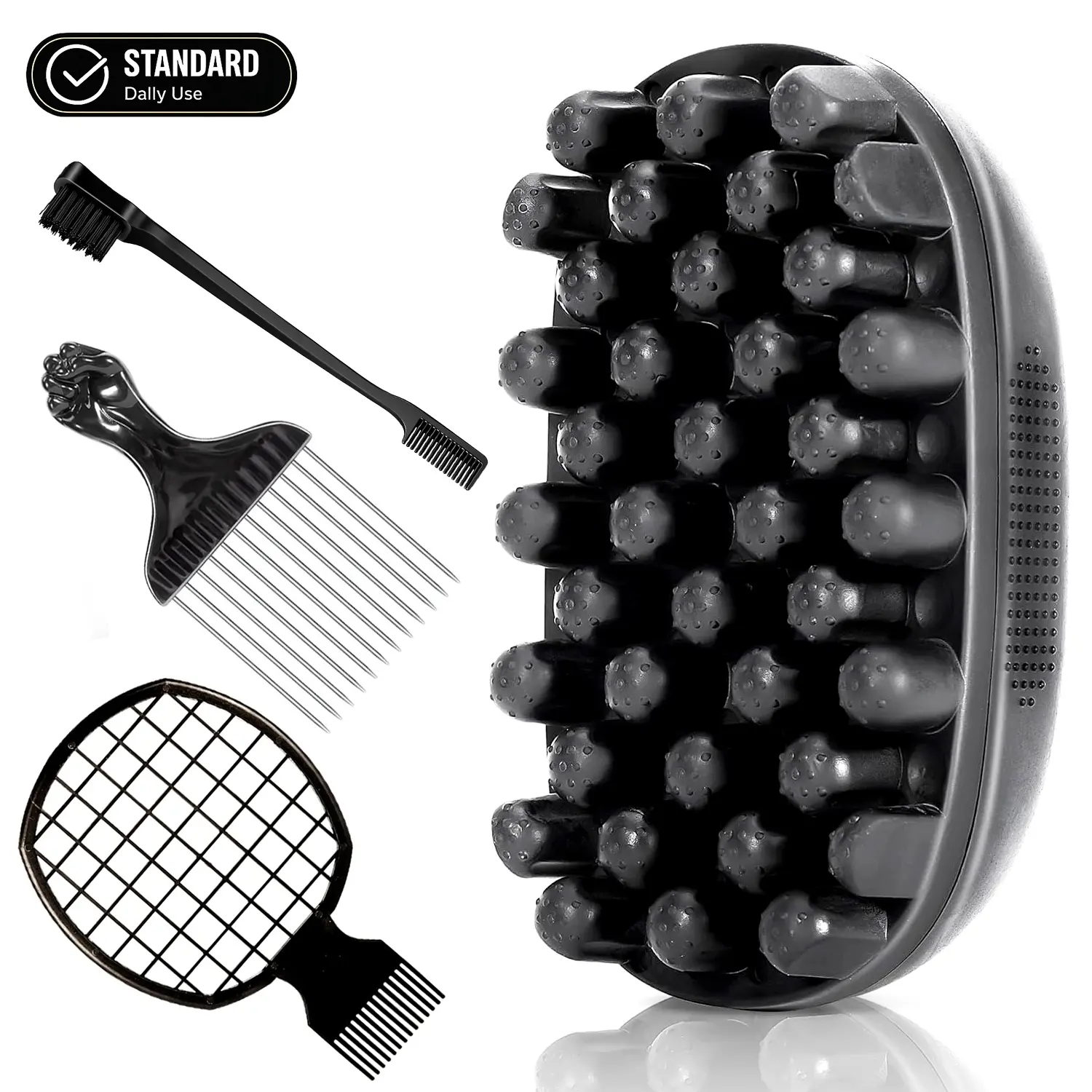 4Pcs Freeform Twists Kit for Men's Afro Coily Hair - Premium Silicone Brushes with Nylon Bristles, Metal Fist Pick, Racquet Comb, Dual-Sided Edge Brush for Edge Definition & High Volume Styling