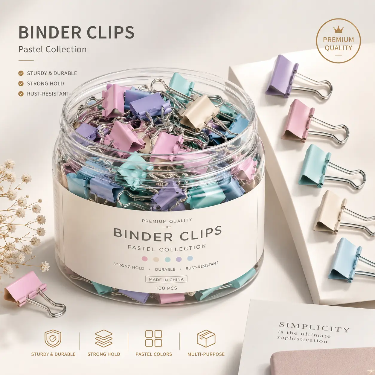 JUPITEARTH Morandi Color Mini Binder Clips - Stainless Steel Paperclips, Bulk Fastener Clips for Office Stationery & Supplies Use, Paperclip, Fastener Clip 40piece