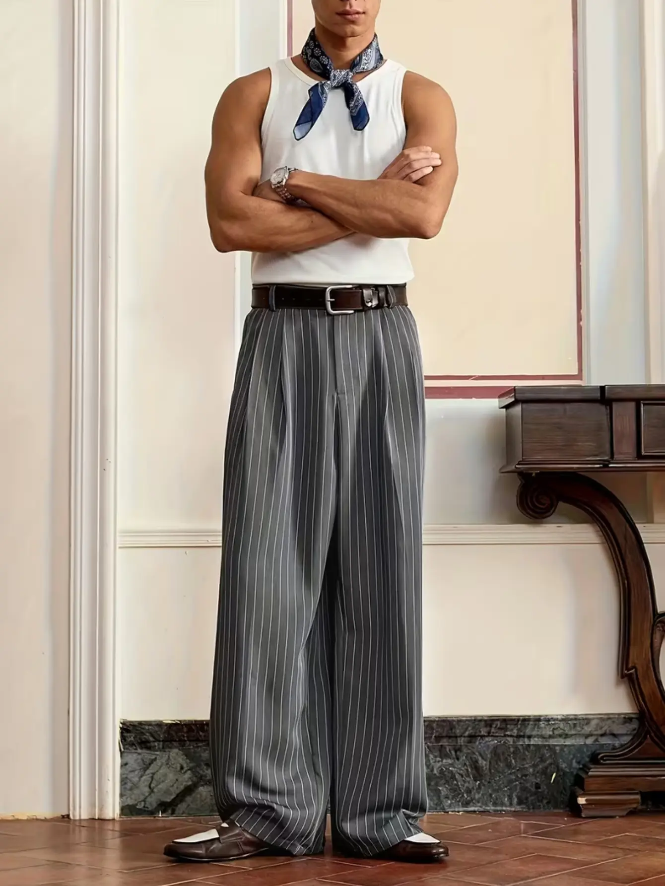 Men’s vintage vertical striped wide-leg dress pants, high-waisted with double pleats, relaxed straight cut with a fluid drape, casual long trousers, belt not included