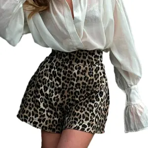 Women's Leopard Print Cotton Shorts Office Lady Loose Fit Casual Daily Wear Trousers