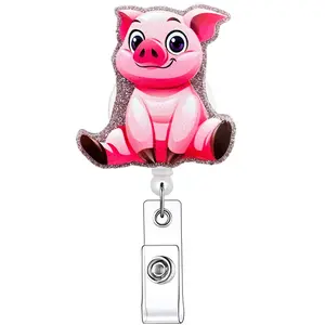 Cartoon Pig Design Badge Holder, 1 Count Retractable Badge Reel, Acrylic ID Holder with Clip for Nurse, Doctor, Student & Office Staff