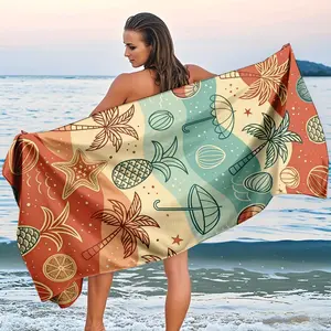 Vintage Summer Beach Towel, Blue Color, Coconut Tree Pineapple Print, Quick-Dry Absorbent, Soft Comfortable, Durable Fade-Resistant bath blanket