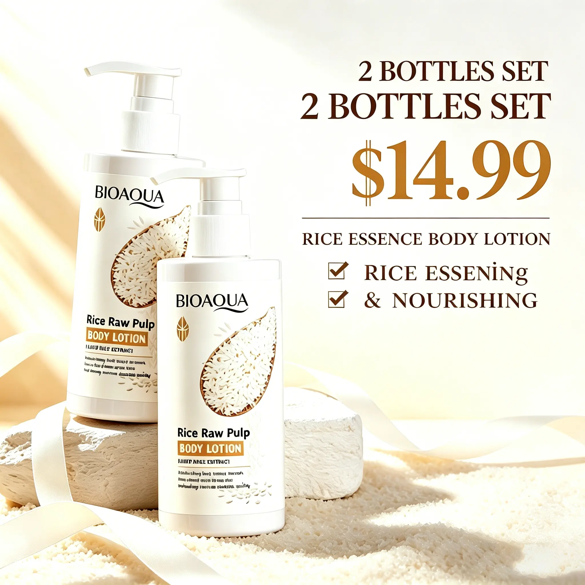 BIOAOUA Rice Puree Body Lotion - 250ml 2-Bottle Pack, Moisturizing, Brightening Skin Tone, Long-Lasting Fragrance