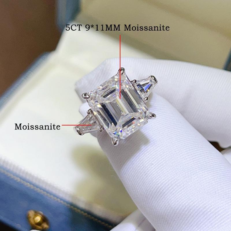 5CT 10CT Emerald Cut Moissanite Rings for Women 925 Sterling Silver Baguette 3-Stone Diamond Engagement Wedding Band Jewelry GRA