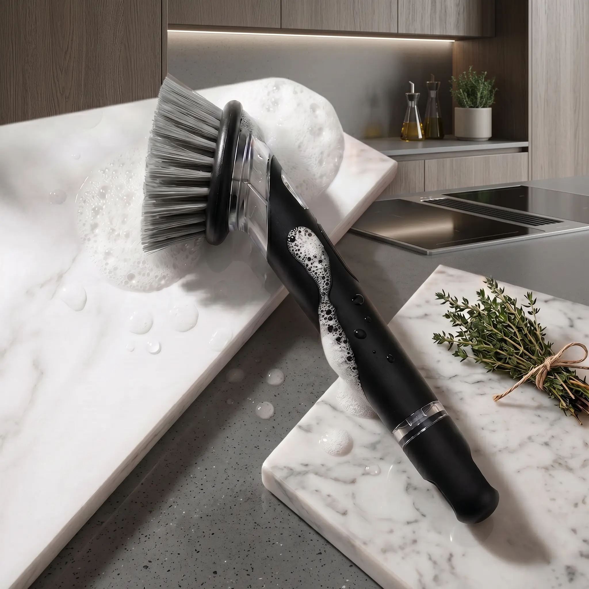 Auto Soap Dispensing Kitchen Dish Brush with Storage Rack, Comes with 2 Reusable Replacement Brush Heads, Non-Scratch Cookware Cleaning Brush, Practical Household Cleaning Tool
