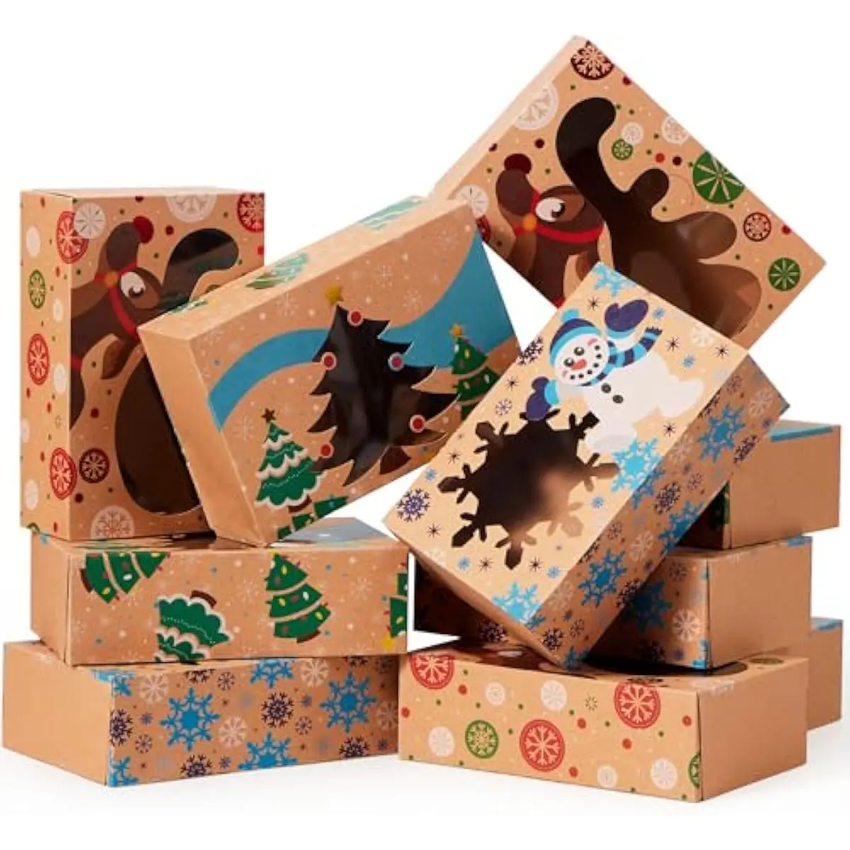 12PCS Christmas Cookie Boxes for Gift Giving, 8.75" x 5.75" x 2.75" Xmas Holiday Treat Cookie Tin with Window, 3 Designs Brown Foiled Kraft Bakery Box for Pastries, Cupcakes, Brownies, Doughnut