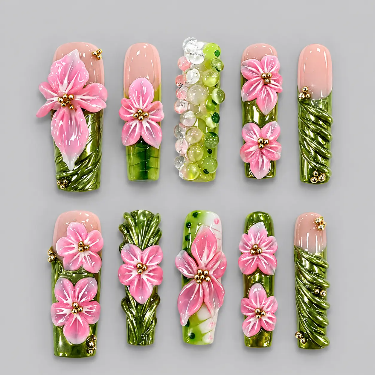 NAILCOUTURE Luxury Handmade 3D Nail Art Reusable Press On Nails | Long & Medium Cofin Almond Stiletto SquareOlval Sculpted Gel Nails | Artisan Summer Floral Butterfly Shell Collection