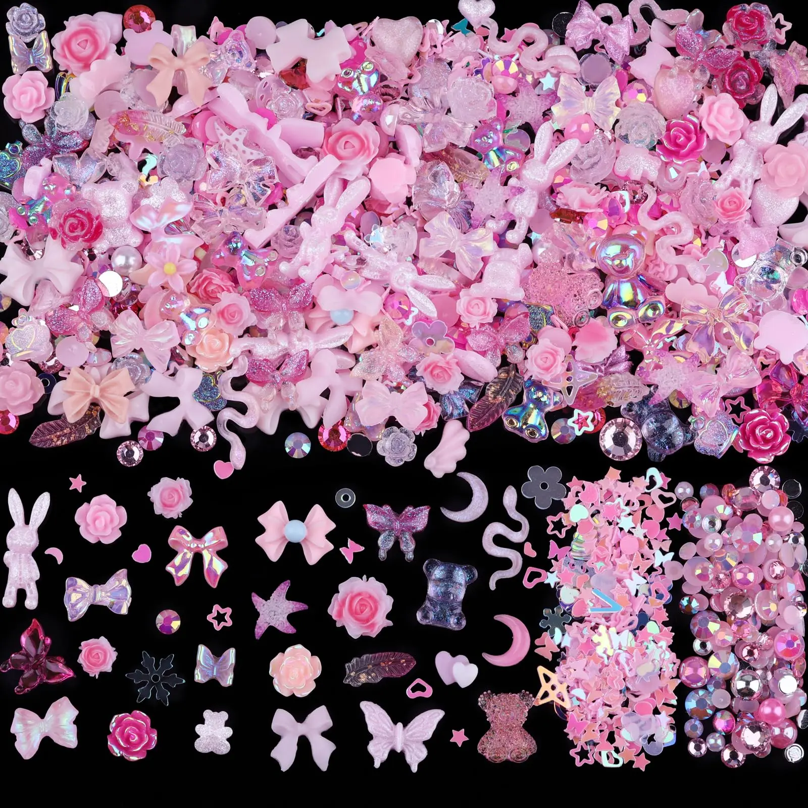 300pcs Nail Art Charms Kit,Over 100pcs Mixshape Resin Nail Gems and 100 pcs Mixed Flatback Nail Rhinestones Pearls ,Nail Art Accessories