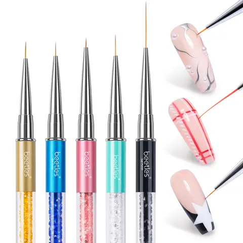 Beetles 5Pcs Durable Rhinestone Handle Nail Art Tools Set - 5/7/9/11/20mm Brushes, Colored Pen, Cut-In/Decorative Tools, Basics for Acrylic Soft Gel & 3D Gel Manicure, Women's Gift