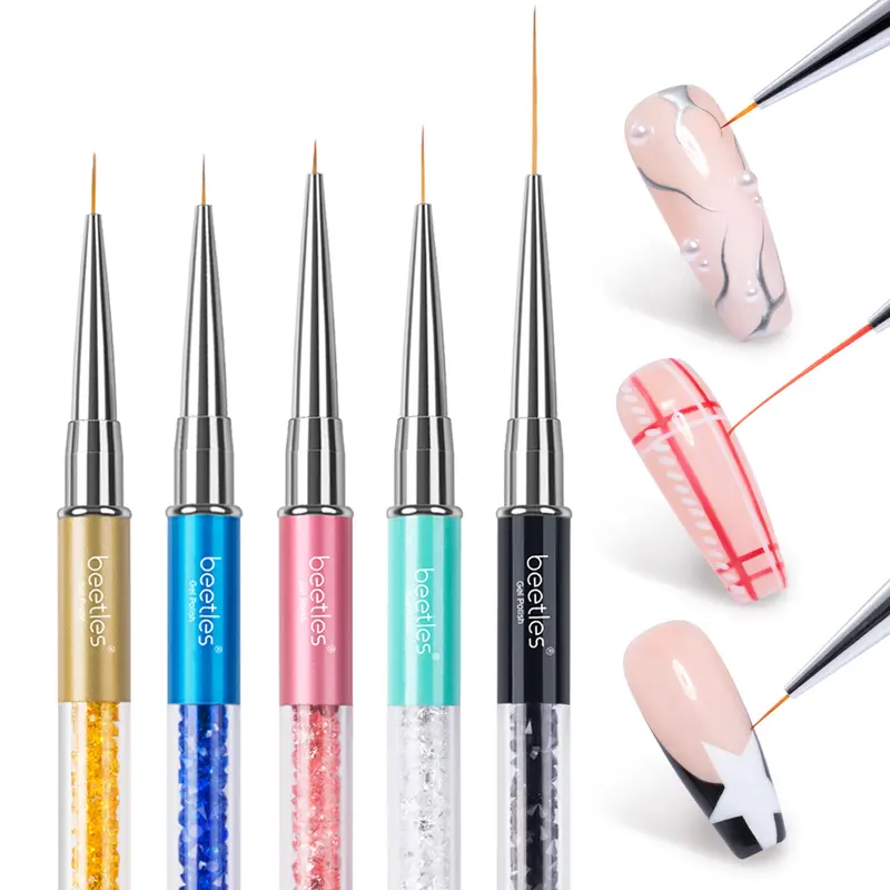 Beetles 5Pcs Durable Rhinestone Handle Nail Art Tools Set - 5/7/9/11/20mm Brushes, Colored Pen, Cut-In/Decorative Tools, Basics for Acrylic Soft Gel & 3D Gel Manicure, Women's Gift