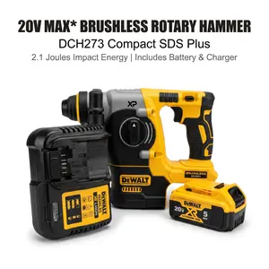 DeWalt DCH273 1.8 ft-lb (2.4J) Brushless Rotary Hammer for Drilling 24mm Concrete Anchors – 0-4600 BPM, 360° Aux Handle, Includes Battery & Charger