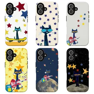 FL-Whimsical Peteee the Cat Phone Case,Peteee the Cat Groovy Stars & Sunglasses Phone Case  For iPhone 11 12 13 14 15 16 17 Air Pro Max for Samsung S26 S25 S24 S23 S22 S21 Case,Gift for her/him/fans