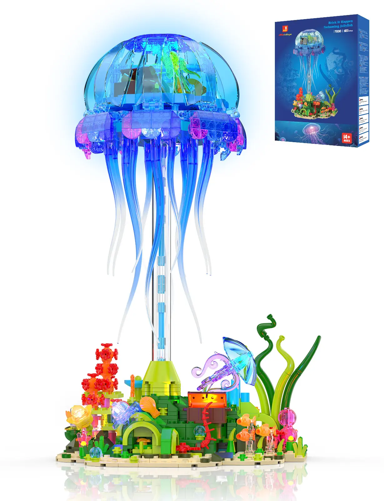 Phantom of the Tide: A Symphony of Neon and Shadow - JMBricklayer Floating Jellyfish Light-Up Model, Surreal Sea Creature Brick Set for Creative Professionals