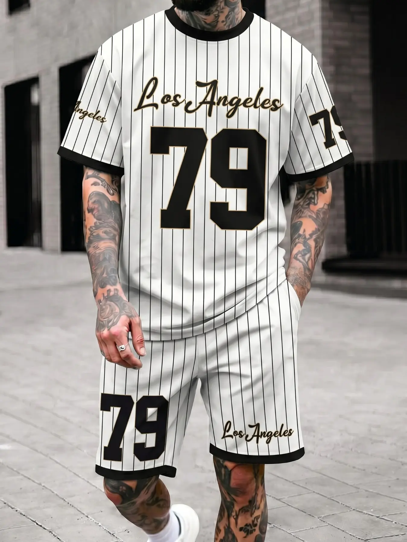 Men's Los Angeles 79 Pinstripe Baseball Jersey 2 Piece Outfit, Soft Breathable White Striped T-Shirt & Shorts Set, Retro Sportswear Casual Streetwear Co-Ord for Summer Daily Wear & Urban OOTD