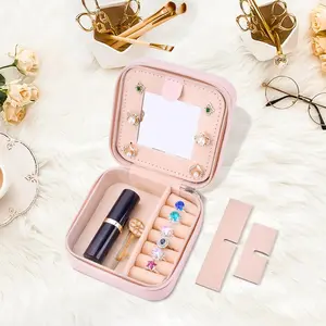 Pink Portable Jewelry Box with Mirror for Gift, easter basket stuffers,Summer Stylish Sequin Decorated Letter Pattern Home Jewelry Organizer, Leather makeup organizer jewelry box fridge organizer