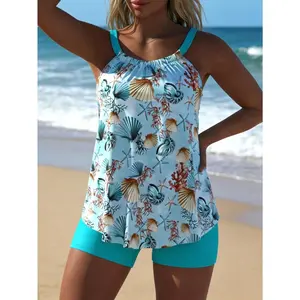 2026 Summer Women's Two-Piece Quick-Dry Tankini, New Ocean Print Tankini Two Piece Swimsuit Set for Women, Ruched Flowy Henley Neck Top with High Waist Boyshorts, High Stretch Tummy Control Modest Beach Vacation Swimwear