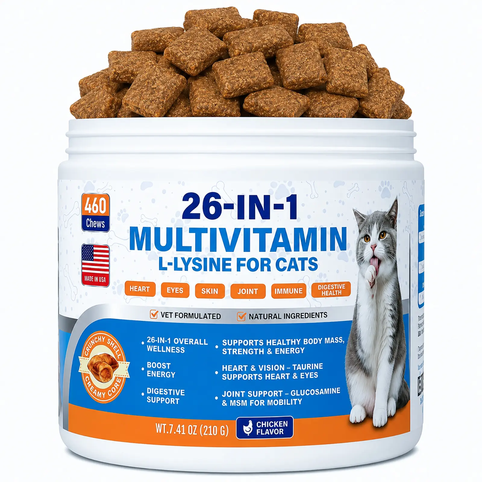 Cat Multivitamin Chews 26-in-1 Lysine & Taurine for Cats with Turmeric MSM Glucosamine, Omega Support Immune, Skin, Joint, Heart,Eyes, Cat Vitamis and Supplements for All Ages & Breeds