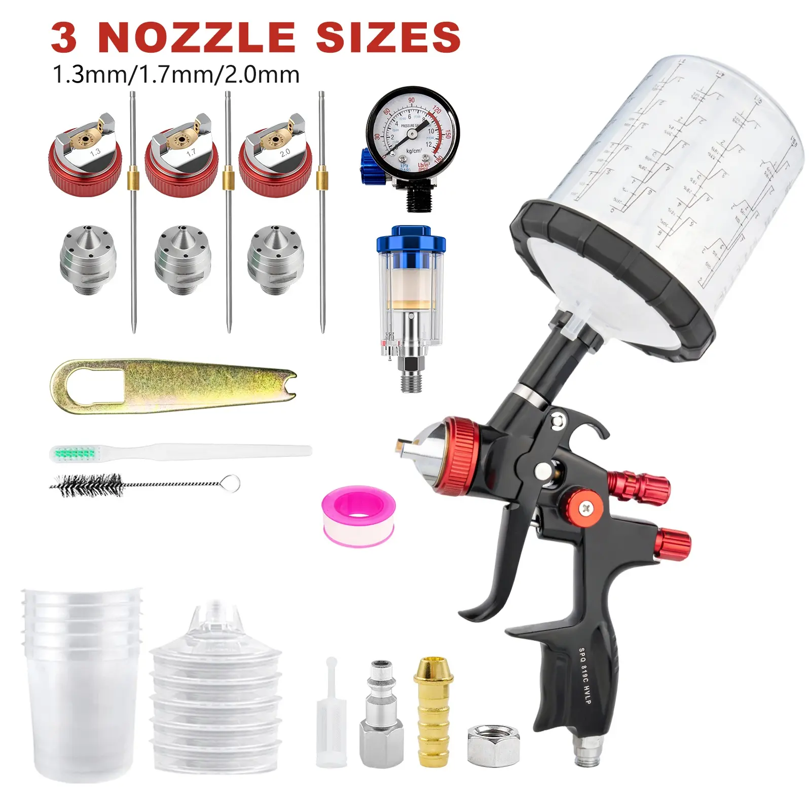 HVLP Air Spray Gun with 1.3/1.7/2.0 mm Nozzles & Air Compressor Regulator, Air Spray Paint Gun w/10pcs 650cc Mixing Cup and Lids, Automotive Paint Sprayer for Car, House Painting, Furniture work
