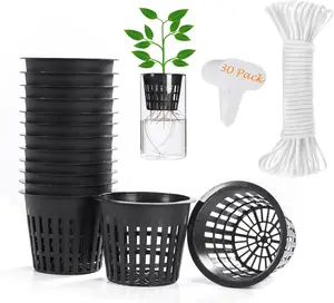 ORIMERC 30 Pack 3 Inch Net Cup Pots with 30 Feet Hydroponic Self Watering Wick & 30 Plant Labels Aquaponics Mason Jar Bucket Insert Orchid Kratky Vegetable Gardening Growing Netted Basket Slotted Mesh Orimerc