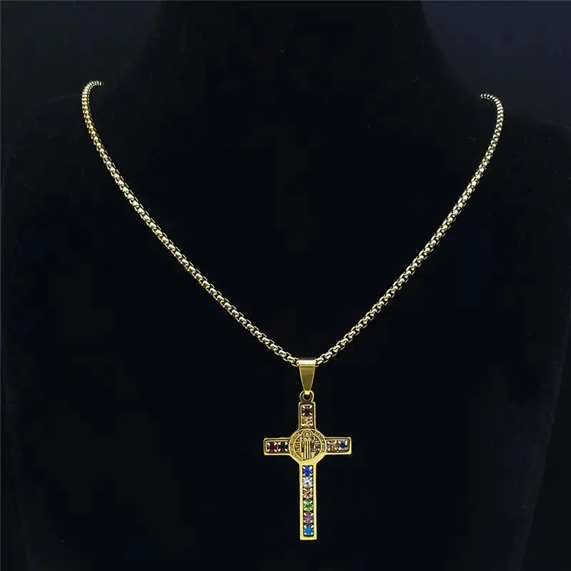 Unisex Vintage Stainless Steel Faith Pendant Necklace - Saint Benedict Non-Natural Crystal Mix Pendant with Gold Cubic Zirconia Long Chain, Christian Jesus Cross Jewelry for Adults, Wedding Gifts