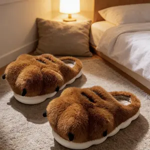 Unisex Fuzzy Plush Slippers for Women, Winter Warm Non-Slip Sole Soft Fabric Upper, Cute Animal Paw Design, Cozy Slip-On Indoor-Outdoor Footwear, Durable Easy-to-Clean Home Bathroom Use, Slipper