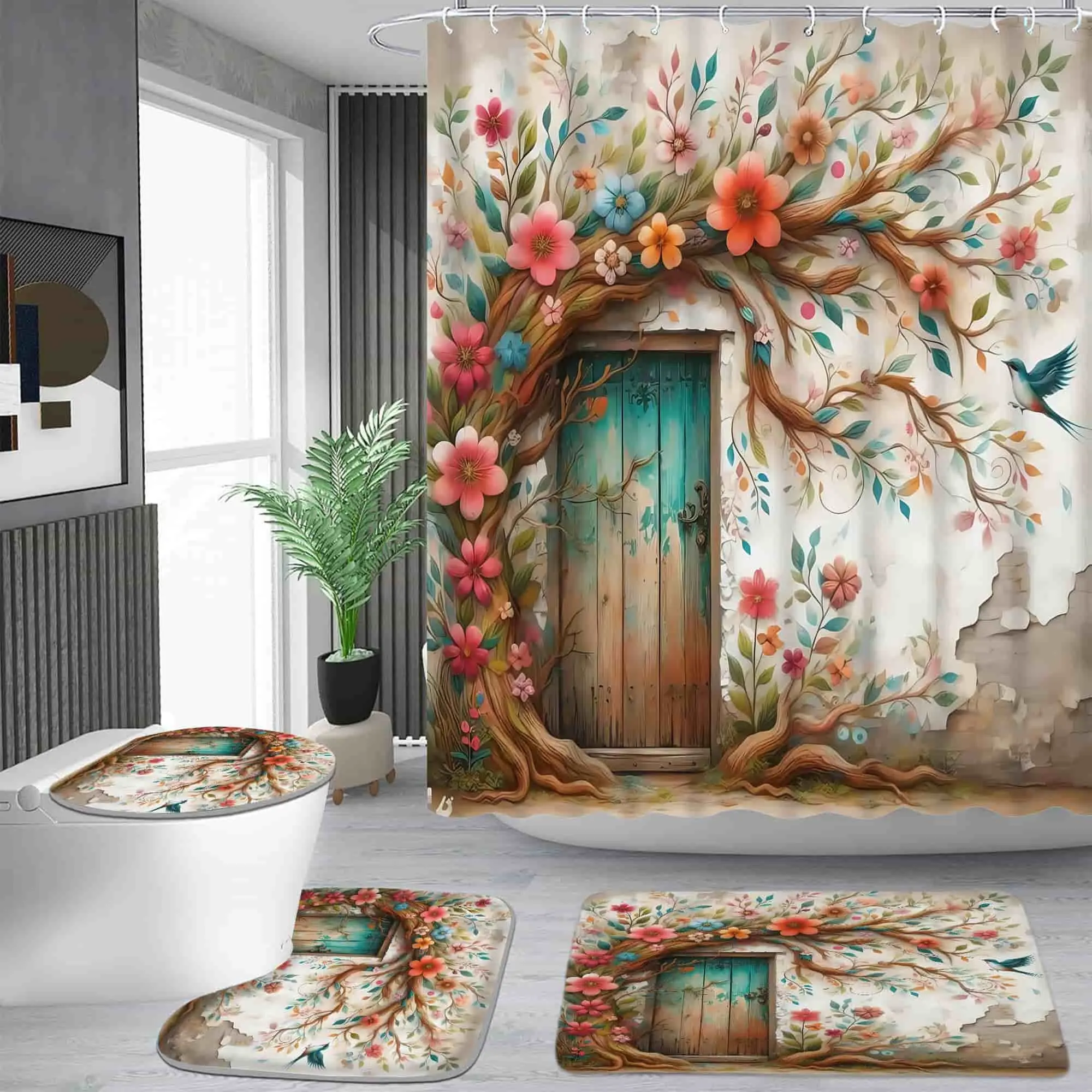 Secret Realm Gate flower and Tree Pattern shower curtain set, waterproof shower curtain with 12 hooks, non-slip bathroom carpet, toilet U-shaped cushion, toilet seat cover cushion, bathroom shower curtain set, perfect moving gift.