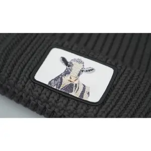 Cuffed Moo Moo Cow Embroidered Patch Knit Beanie