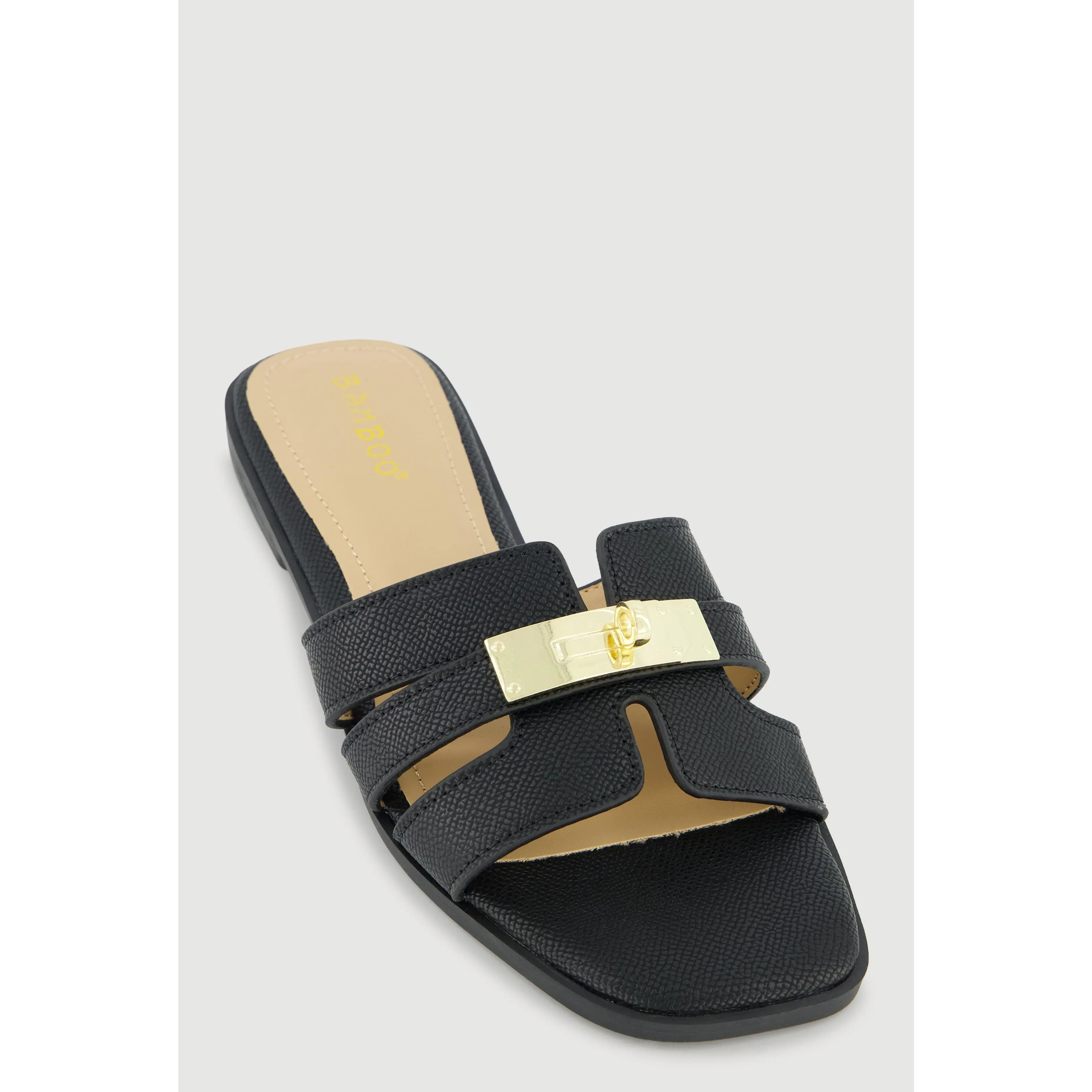 Metallic Pendant Cut Out Band Slide Sandals