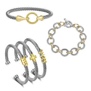 MYTYS Women's Twisted Cable Cuff Bracelet Set with Gold Accents Elegant Dainty Two-Tone Bangles Adjustable Hook-Clasp & Chain Premium Quality Versatile Fashionable Accessories Unique Pattern