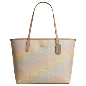 COACH City 33 Rainbow Print Snap-Clasp Tote Bag for Women – Signature Coated Canvas, Beige