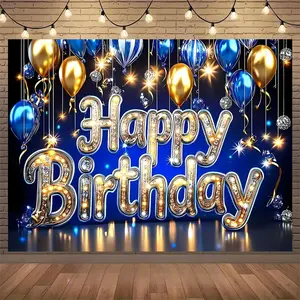 Blue and Gold Happy Birthday Backdrop Tapestry – Shiny Balloon and Lights Wall Hanging for Birthday Party Decoration