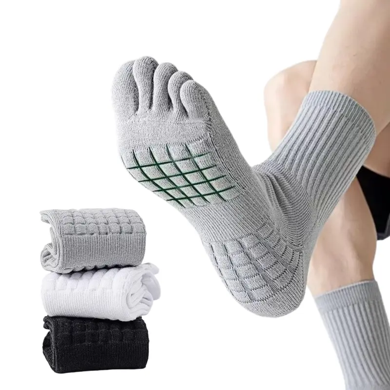 Cotton Knit Finger Toe Socks for Men, All-Season Athletic Running Socks with Massage Grips, Machine Safe
